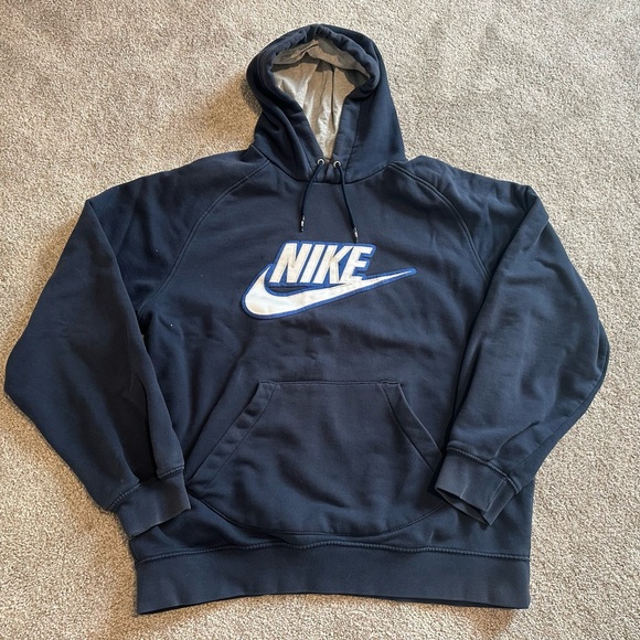 Vintage Y2K Nike Silver Tag Big Swoosh Logo Hoodie Large Navy - Picture 1 of 9